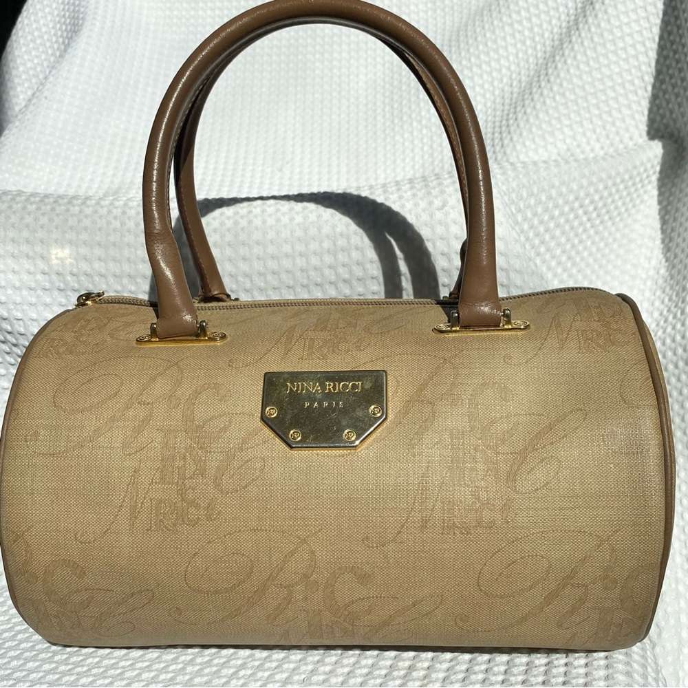 Nina Ricci Vintagr Tan Satchel with Cylindrical Shape and Textured Finish